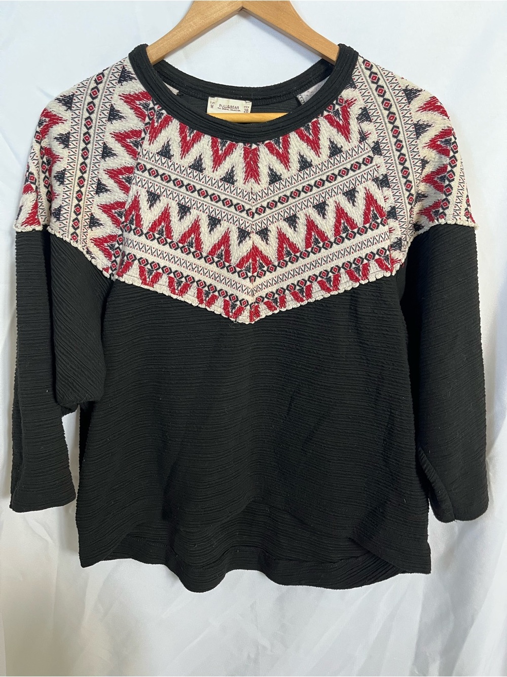 Pull&Bear Black Crewneck Sweater with Red and Cream Fair Isle Yoke